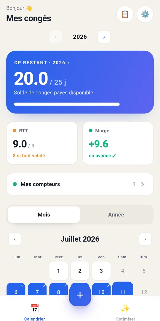Écran d'accueil de G-conges : solde de congés payés restant sur
           l'année, compteur de RTT, et calendrier du mois avec les congés posés.