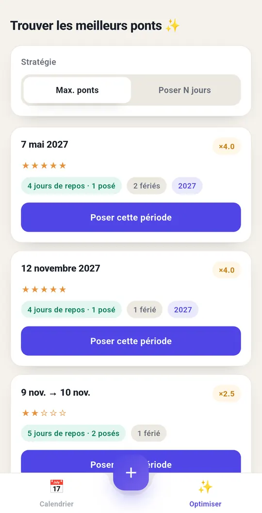 Écran d'optimisation de G-conges : liste des ponts classés par
           rendement, avec le nombre de jours à poser et de jours de repos
           obtenus.